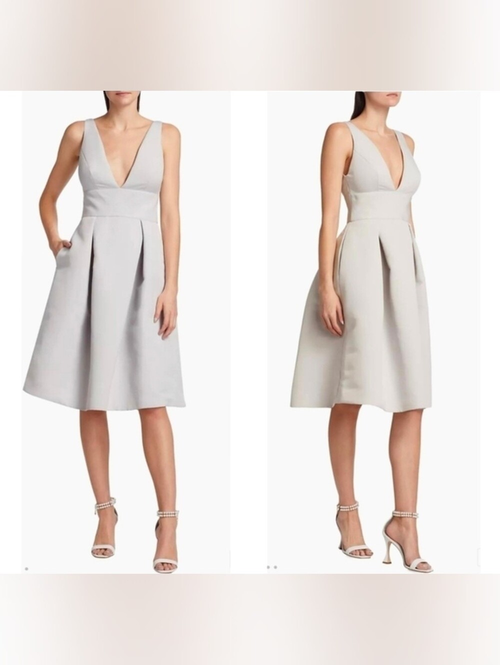 Amsale Faille Deep V-Neck Gray Dress